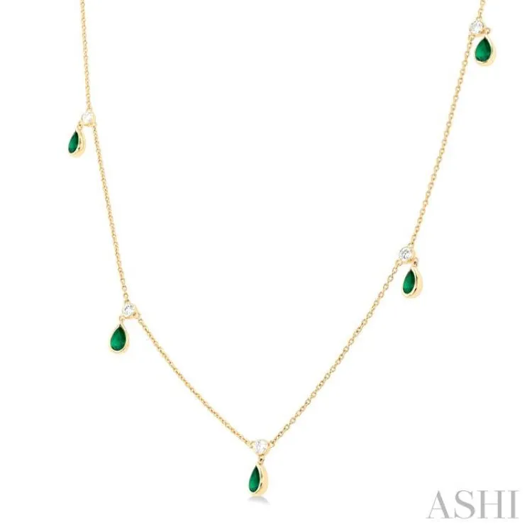 1/4 ctw Round Cut Diamonds and 5X3MM Pear Shape Emerald Precious Station Necklace in 14K Yellow Gold