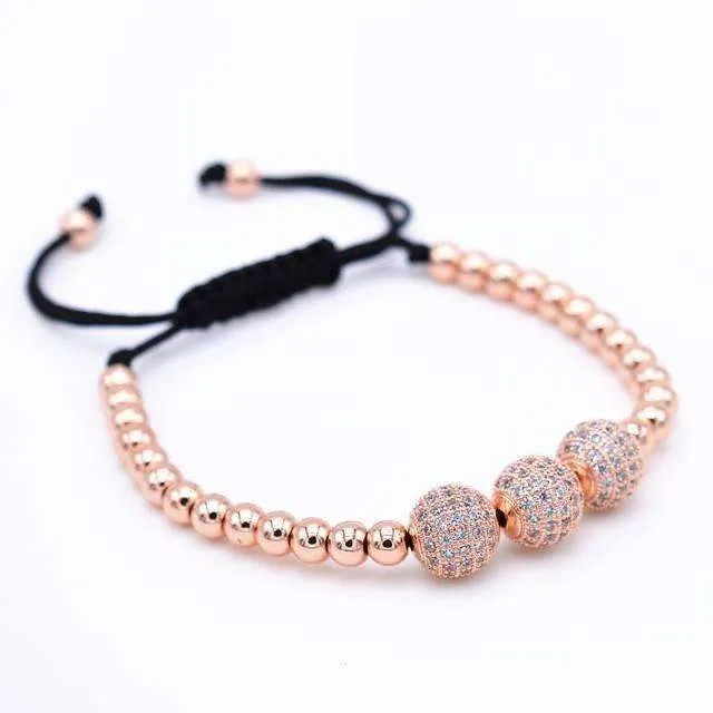 18K Gold Plated Beads 3 Diamond Ball Unisex Bracelet