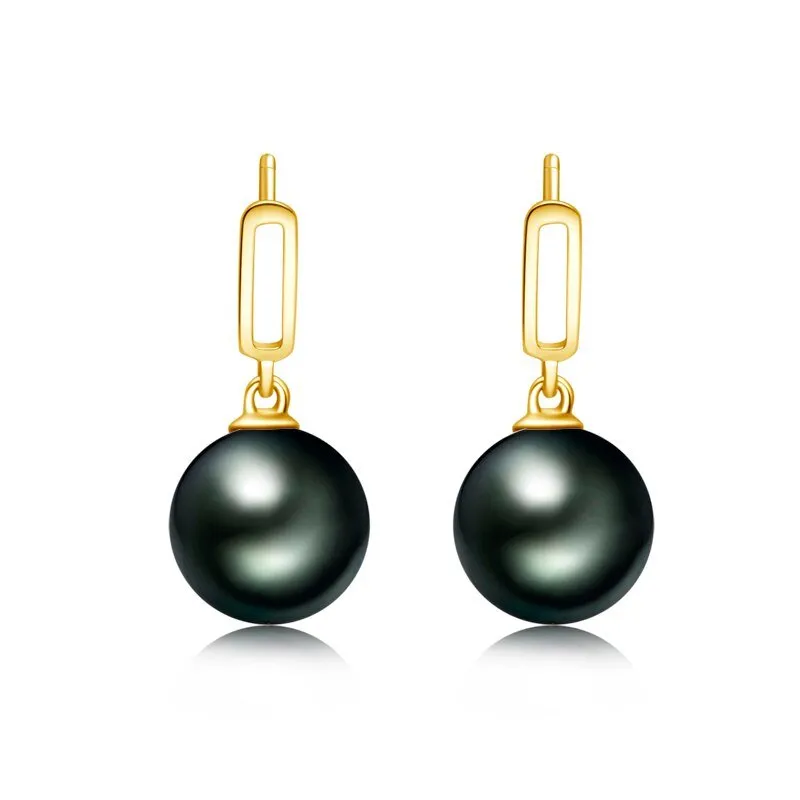 18k Solid Gold Natural Tahitian Black Pearl Drop Earrings