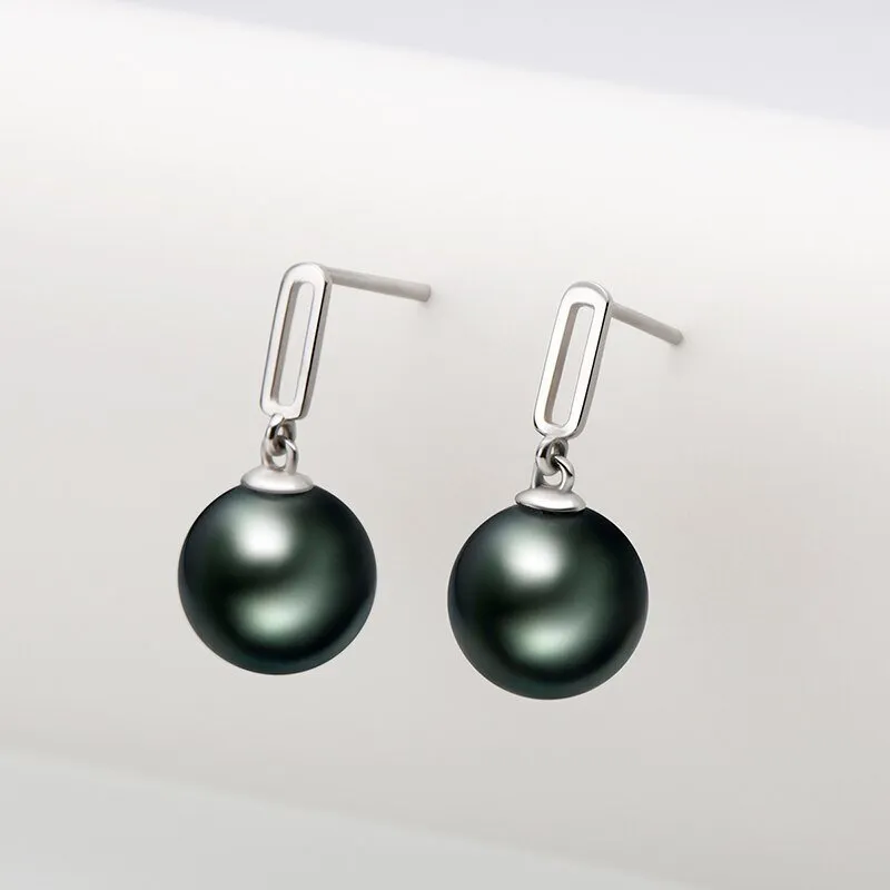 18k Solid Gold Natural Tahitian Black Pearl Drop Earrings