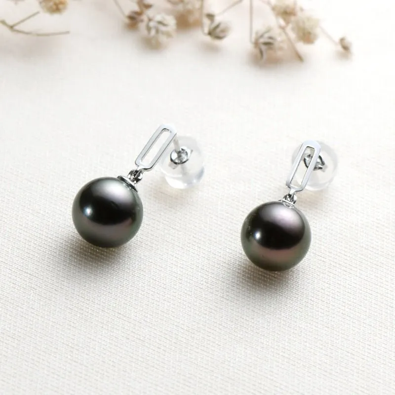 18k Solid Gold Natural Tahitian Black Pearl Drop Earrings