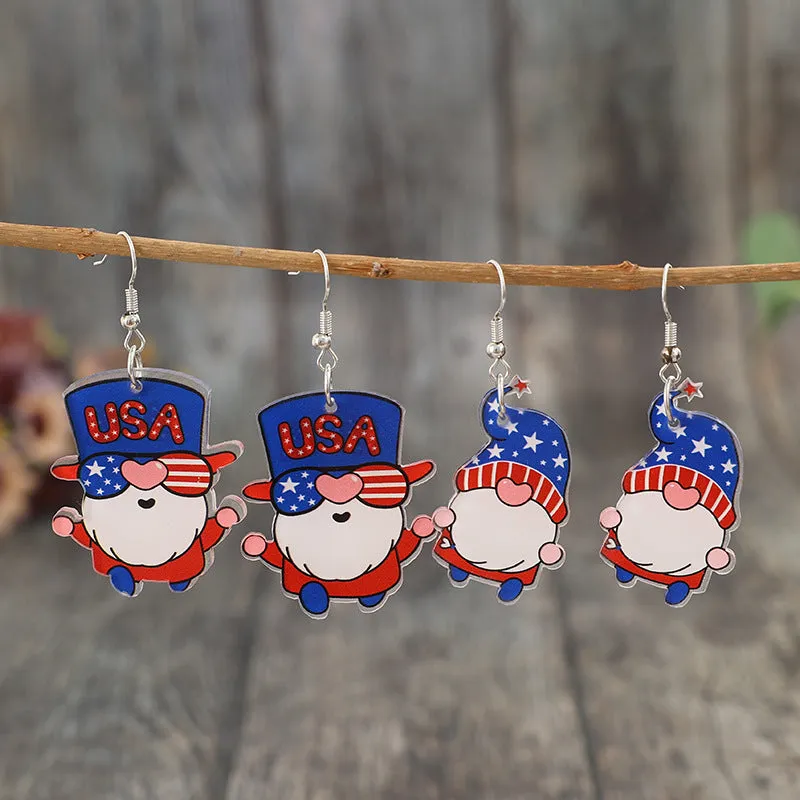 2 Pair USA Patriotic Red White and Blue Acrylic Gnome Earrings