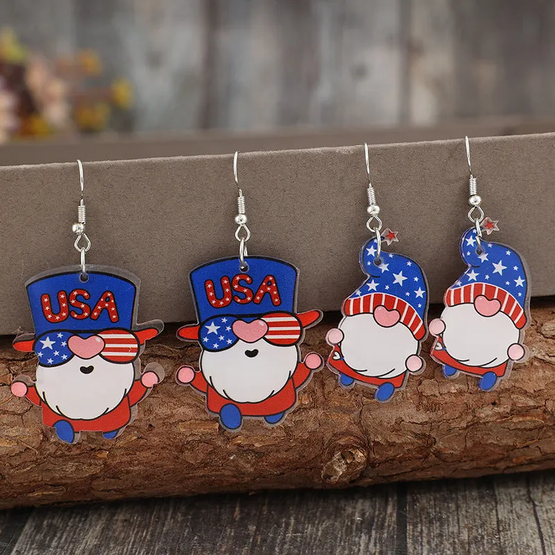 2 Pair USA Patriotic Red White and Blue Acrylic Gnome Earrings