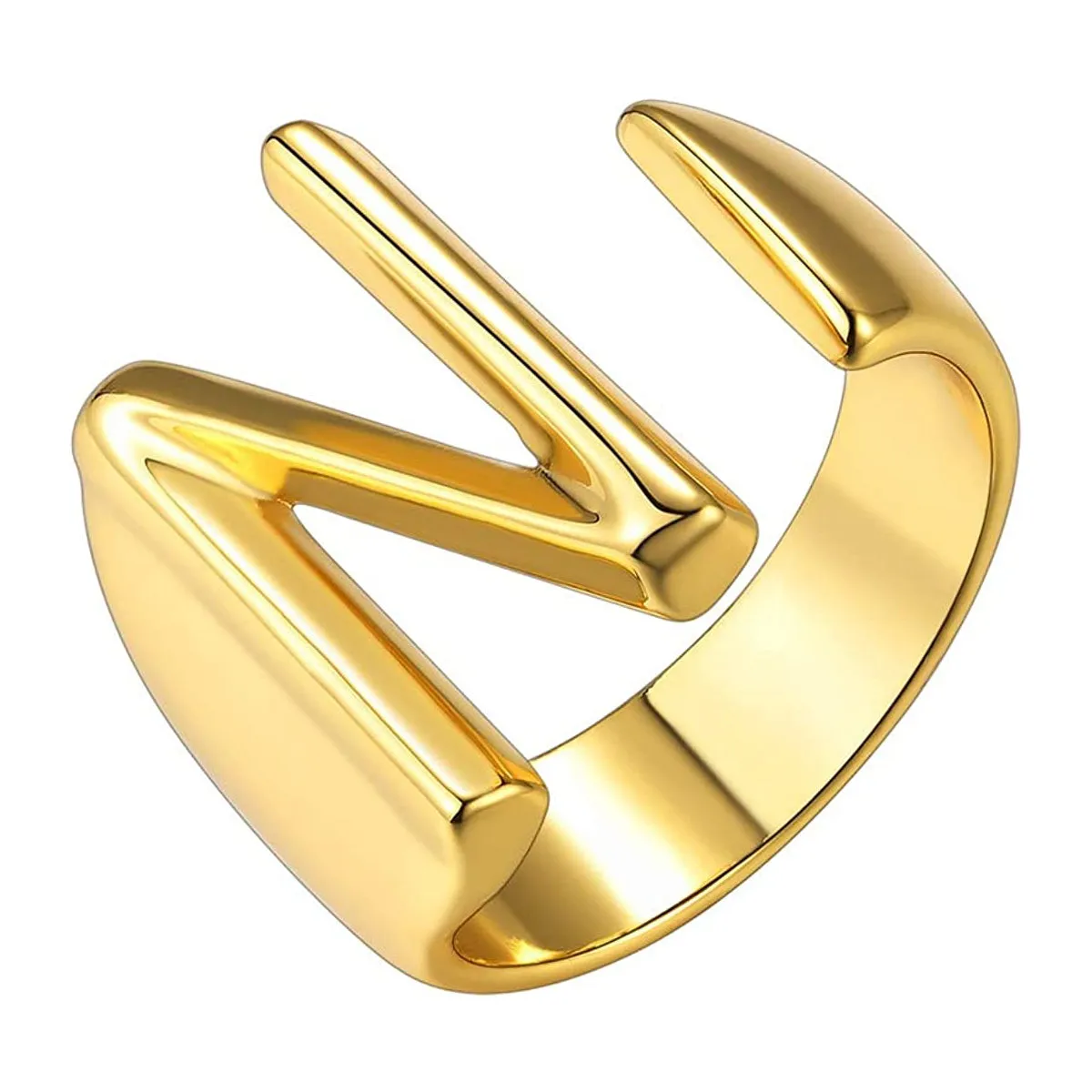 A Initial Letter Alphabet Name Hollow Chunky 18K Gold Adjustable Free Size Ring for Women