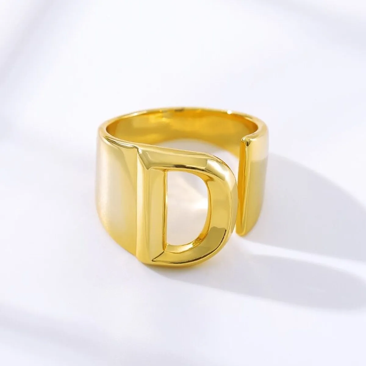 A Initial Letter Alphabet Name Hollow Chunky 18K Gold Adjustable Free Size Ring for Women