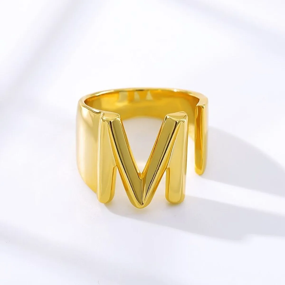 A Initial Letter Alphabet Name Hollow Chunky 18K Gold Adjustable Free Size Ring for Women