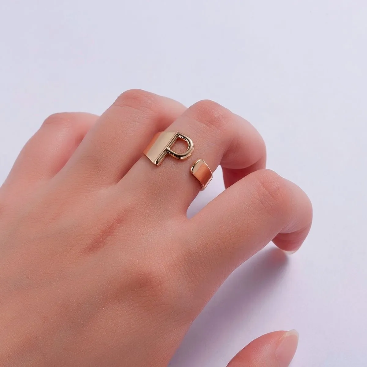 A Initial Letter Alphabet Name Hollow Chunky 18K Gold Adjustable Free Size Ring for Women