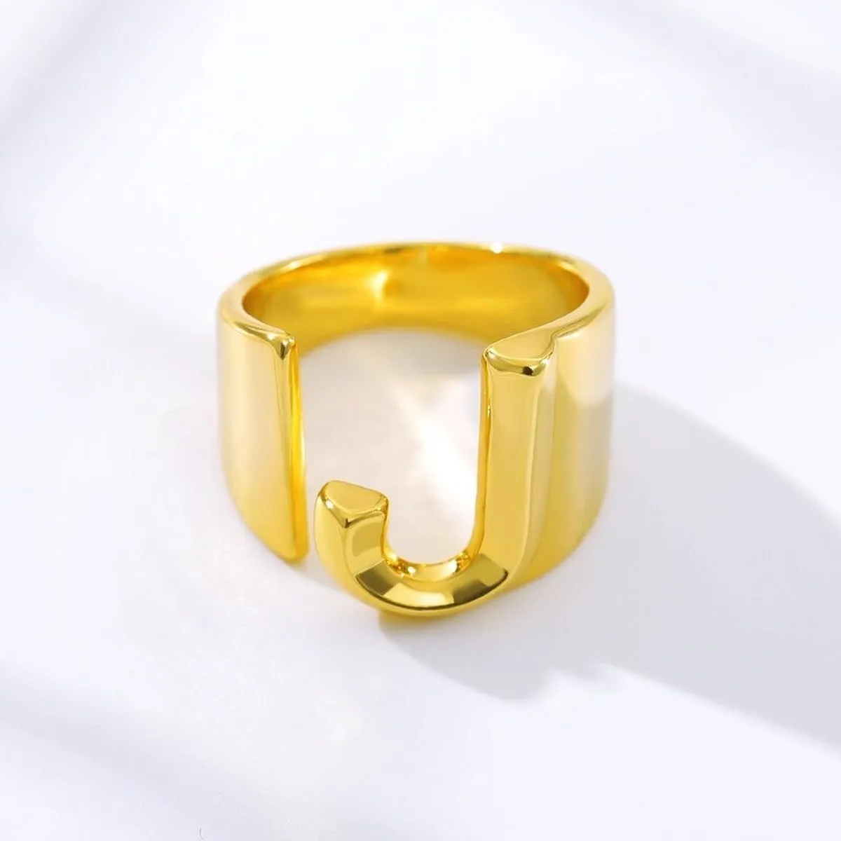 A Initial Letter Alphabet Name Hollow Chunky 18K Gold Adjustable Free Size Ring for Women