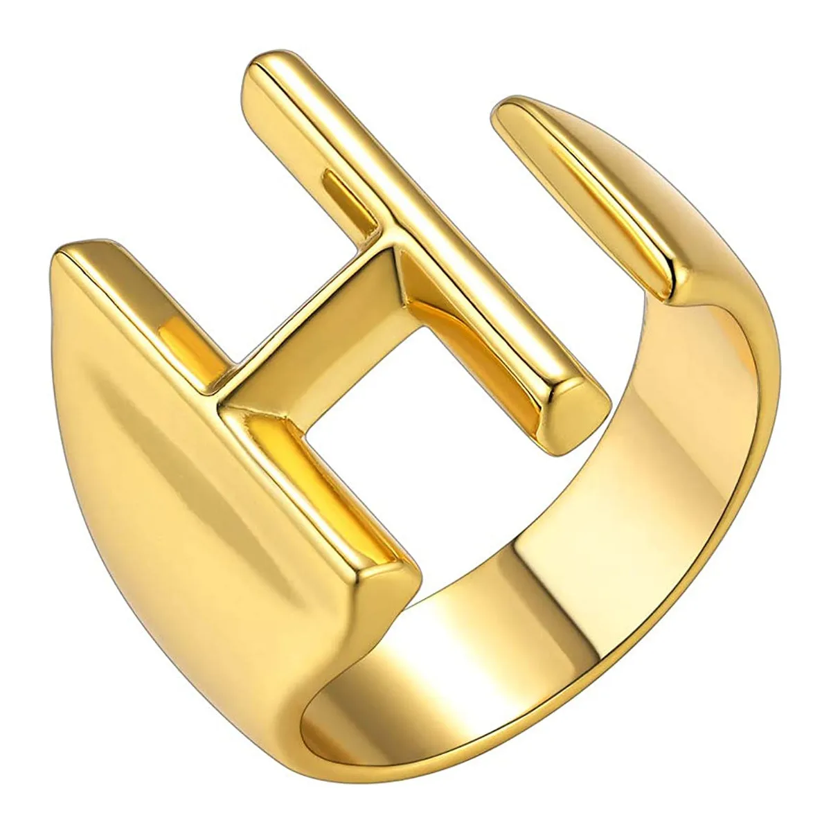 A Initial Letter Alphabet Name Hollow Chunky 18K Gold Adjustable Free Size Ring for Women