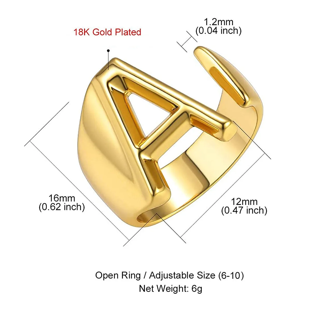 A Initial Letter Alphabet Name Hollow Chunky 18K Gold Adjustable Free Size Ring for Women