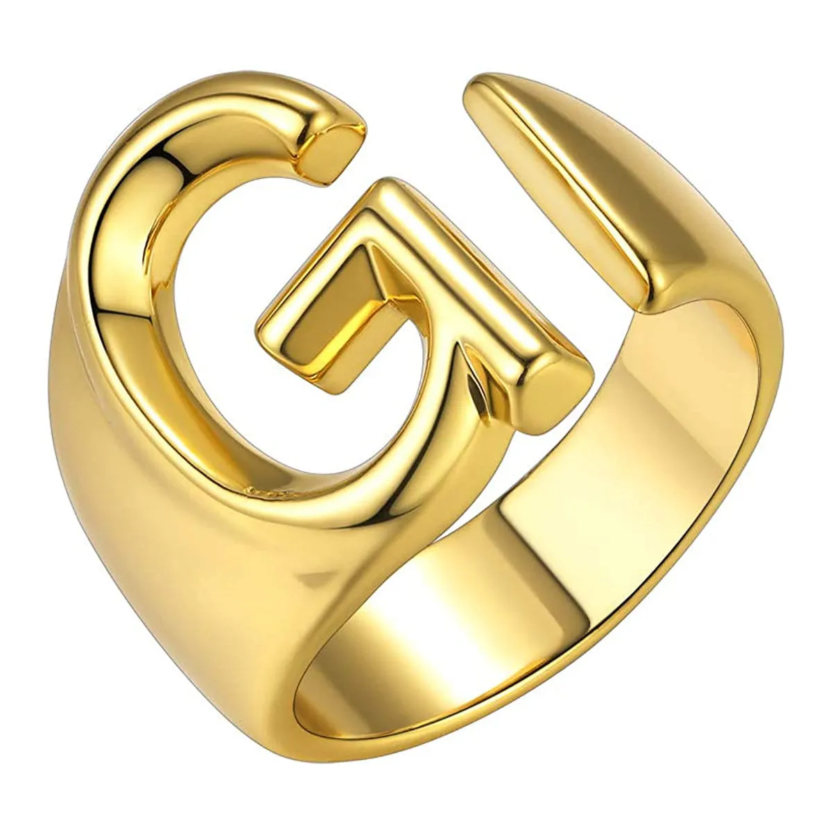 A Initial Letter Alphabet Name Hollow Chunky 18K Gold Adjustable Free Size Ring for Women