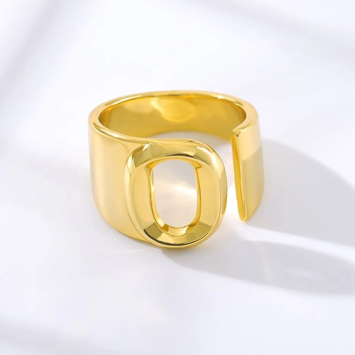 A Initial Letter Alphabet Name Hollow Chunky 18K Gold Adjustable Free Size Ring for Women