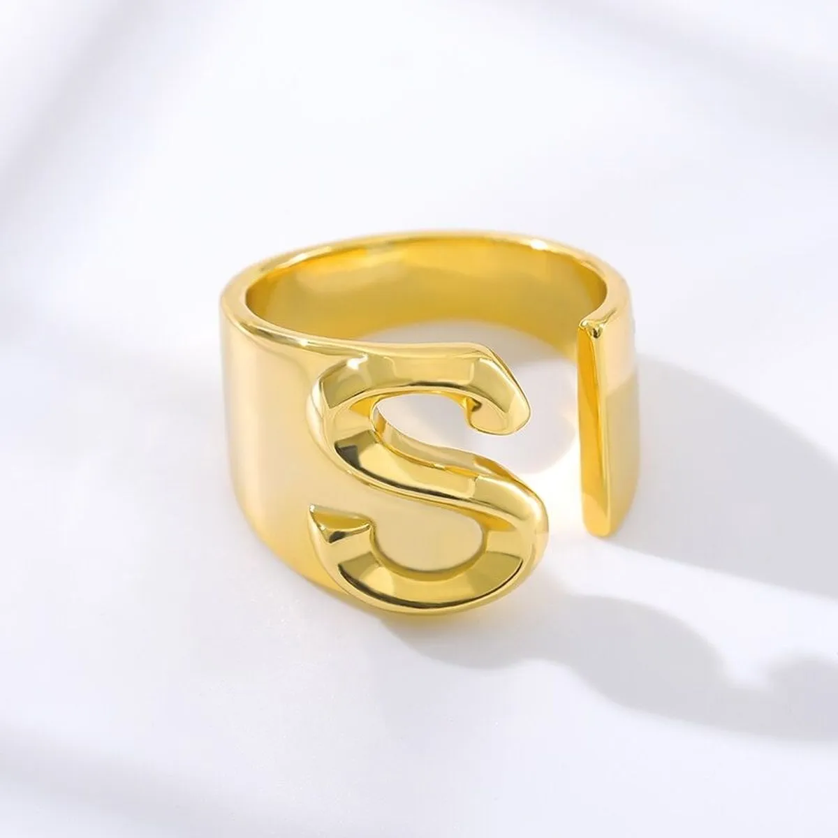 A Initial Letter Alphabet Name Hollow Chunky 18K Gold Adjustable Free Size Ring for Women