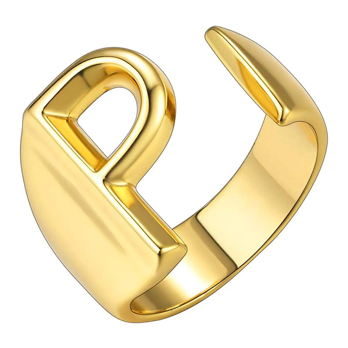 A Initial Letter Alphabet Name Hollow Chunky 18K Gold Adjustable Free Size Ring for Women