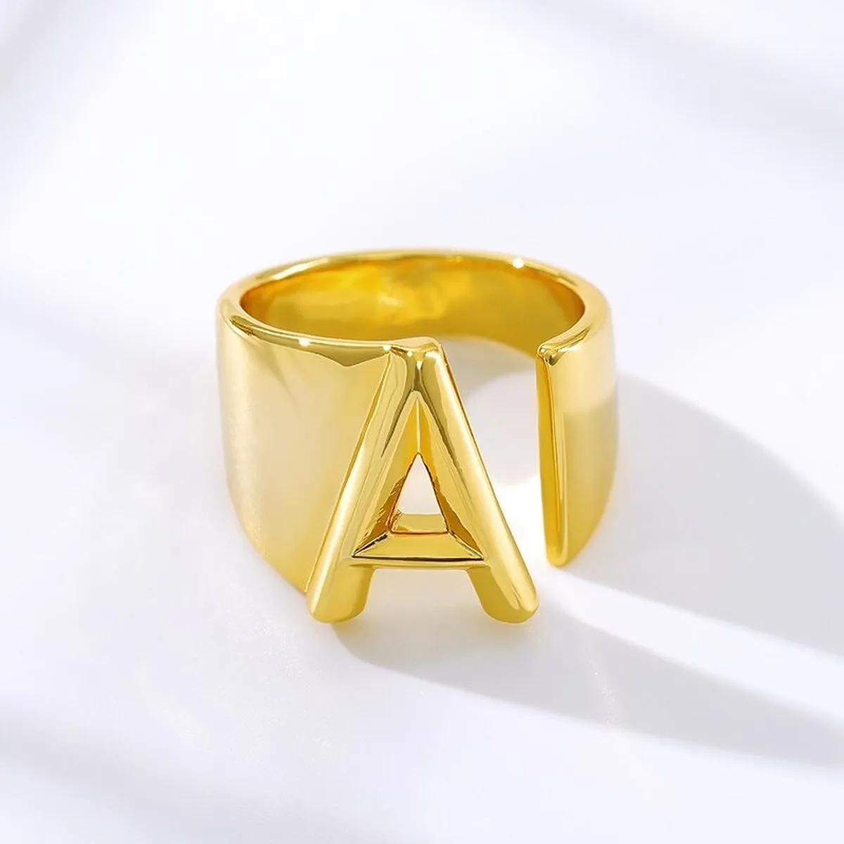 A Initial Letter Alphabet Name Hollow Chunky 18K Gold Adjustable Free Size Ring for Women