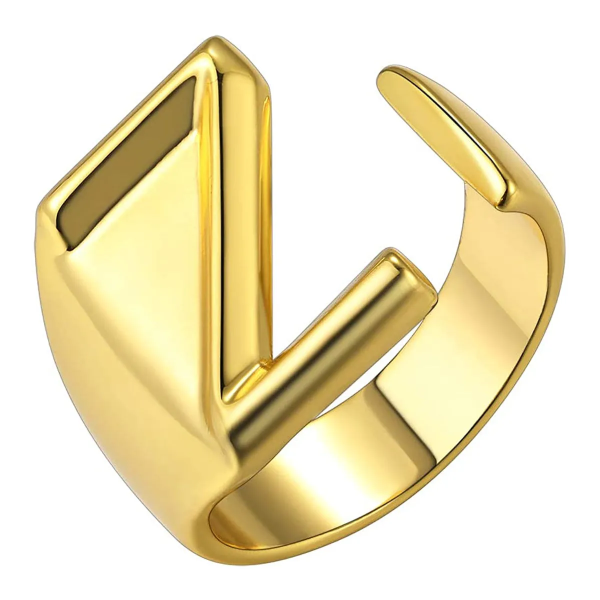 A Initial Letter Alphabet Name Hollow Chunky 18K Gold Adjustable Free Size Ring for Women