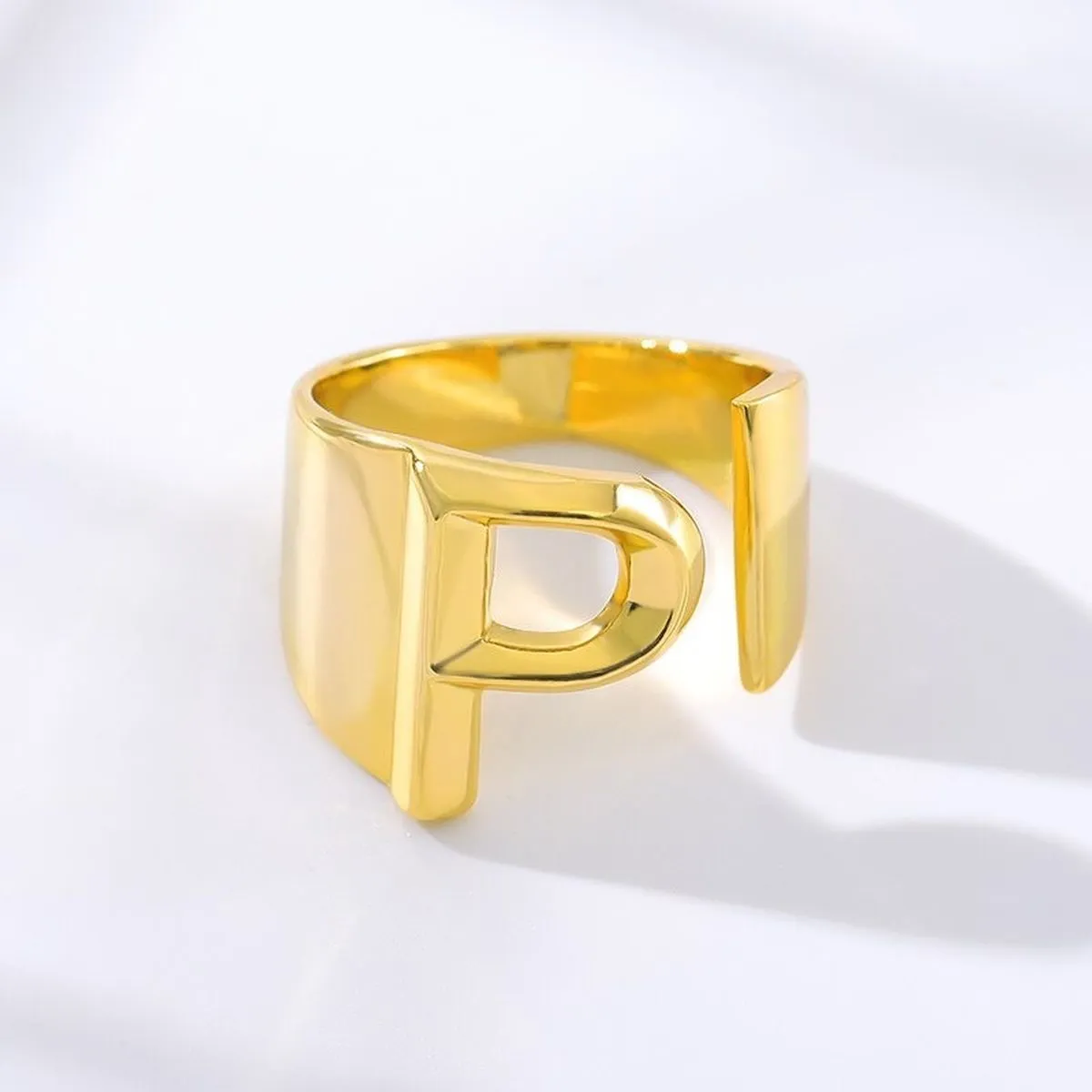 A Initial Letter Alphabet Name Hollow Chunky 18K Gold Adjustable Free Size Ring for Women