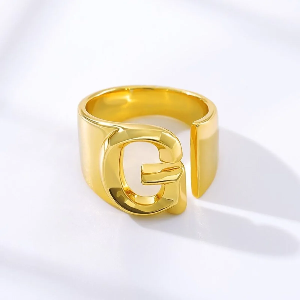 A Initial Letter Alphabet Name Hollow Chunky 18K Gold Adjustable Free Size Ring for Women