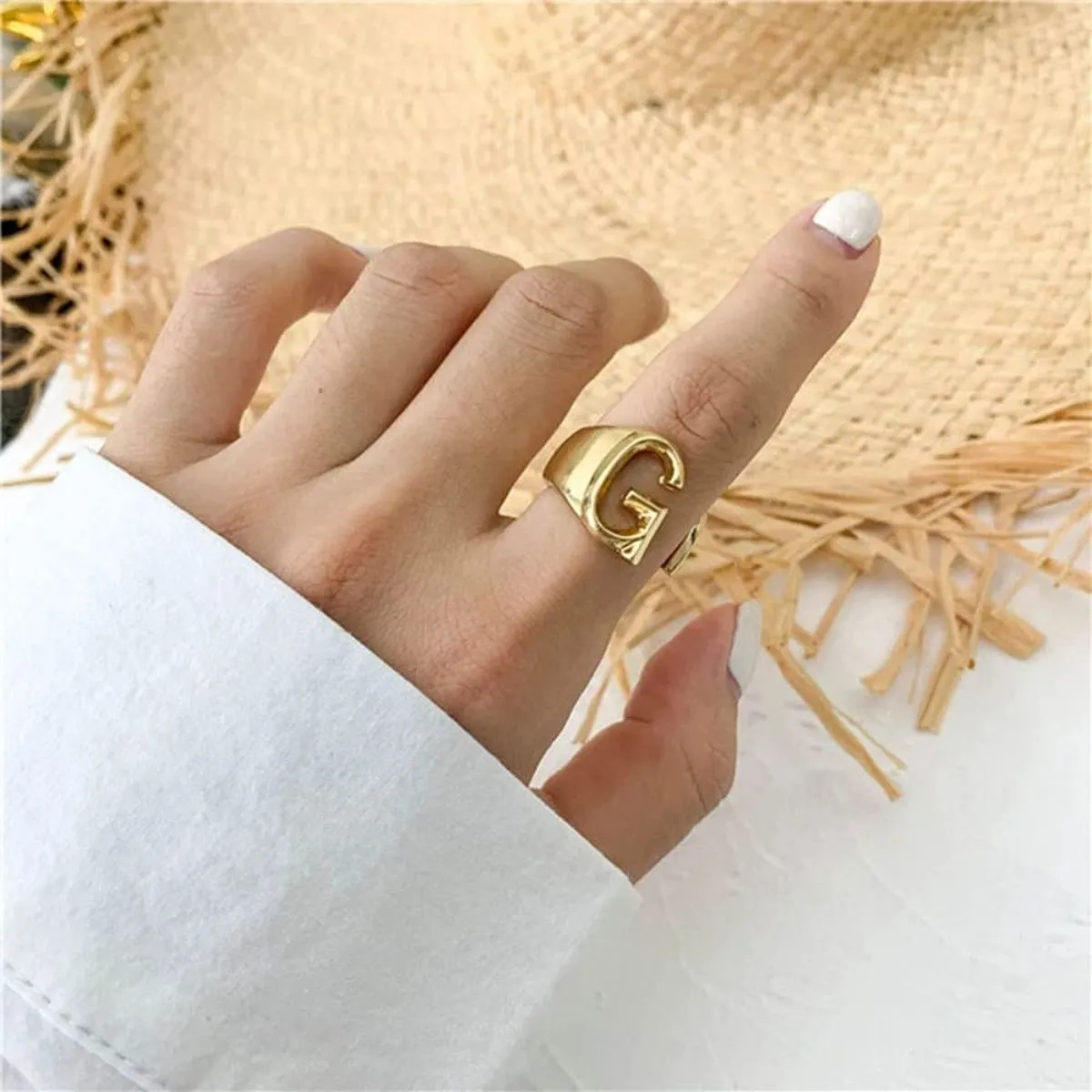 A Initial Letter Alphabet Name Hollow Chunky 18K Gold Adjustable Free Size Ring for Women