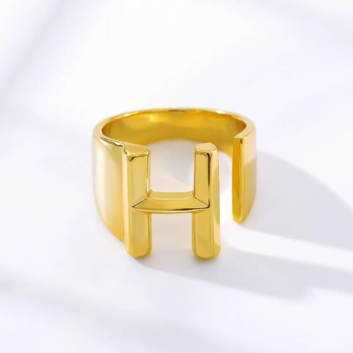 A Initial Letter Alphabet Name Hollow Chunky 18K Gold Adjustable Free Size Ring for Women