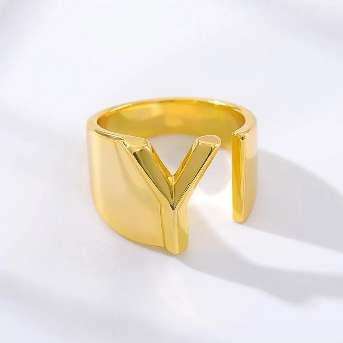 A Initial Letter Alphabet Name Hollow Chunky 18K Gold Adjustable Free Size Ring for Women