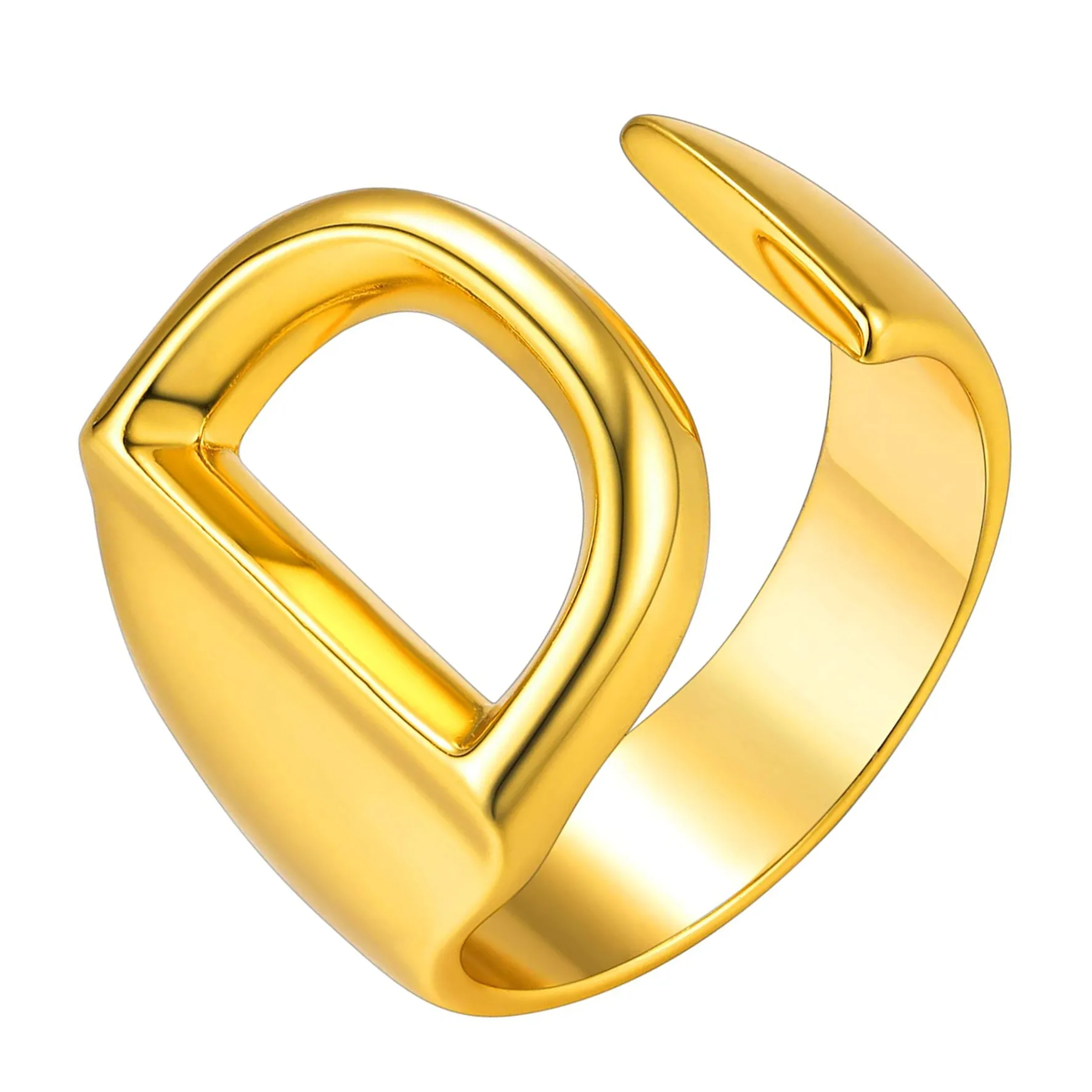 A Initial Letter Alphabet Name Hollow Chunky 18K Gold Adjustable Free Size Ring for Women