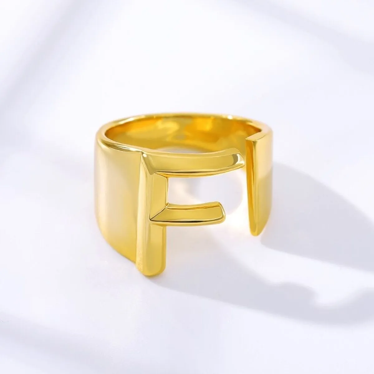 A Initial Letter Alphabet Name Hollow Chunky 18K Gold Adjustable Free Size Ring for Women