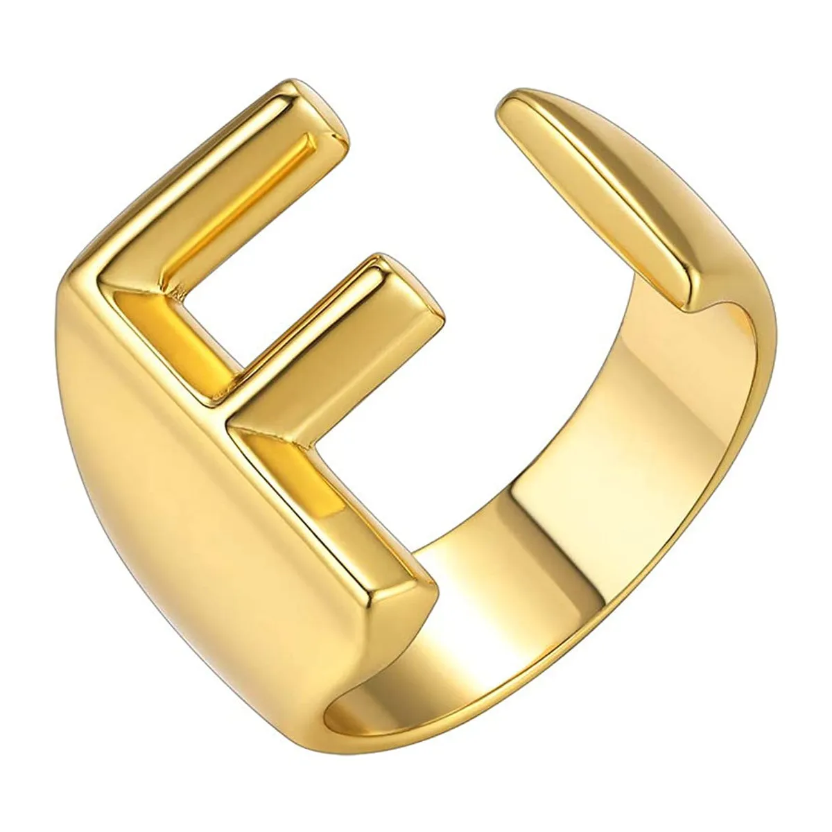 A Initial Letter Alphabet Name Hollow Chunky 18K Gold Adjustable Free Size Ring for Women