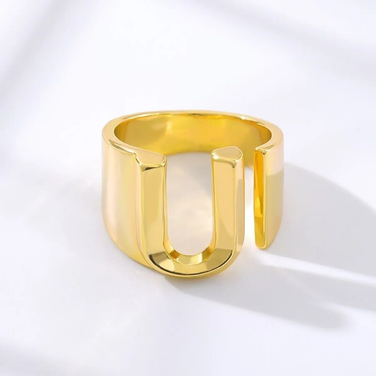 A Initial Letter Alphabet Name Hollow Chunky 18K Gold Adjustable Free Size Ring for Women