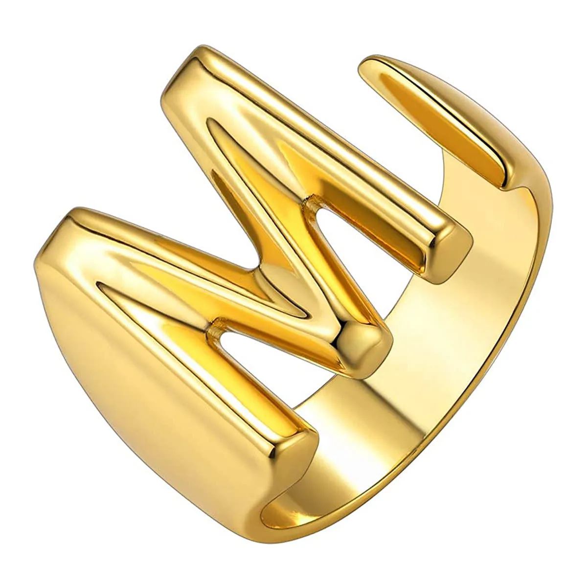 A Initial Letter Alphabet Name Hollow Chunky 18K Gold Adjustable Free Size Ring for Women