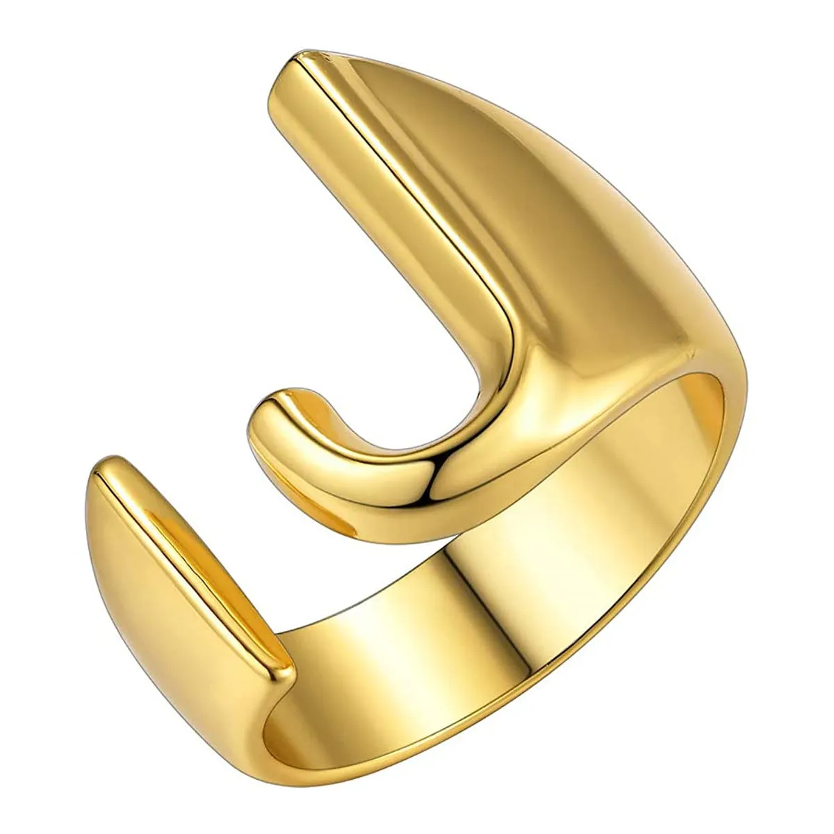 A Initial Letter Alphabet Name Hollow Chunky 18K Gold Adjustable Free Size Ring for Women