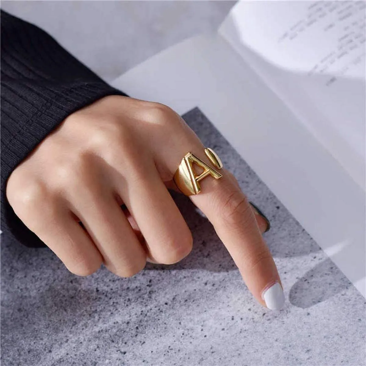 A Initial Letter Alphabet Name Hollow Chunky 18K Gold Adjustable Free Size Ring for Women