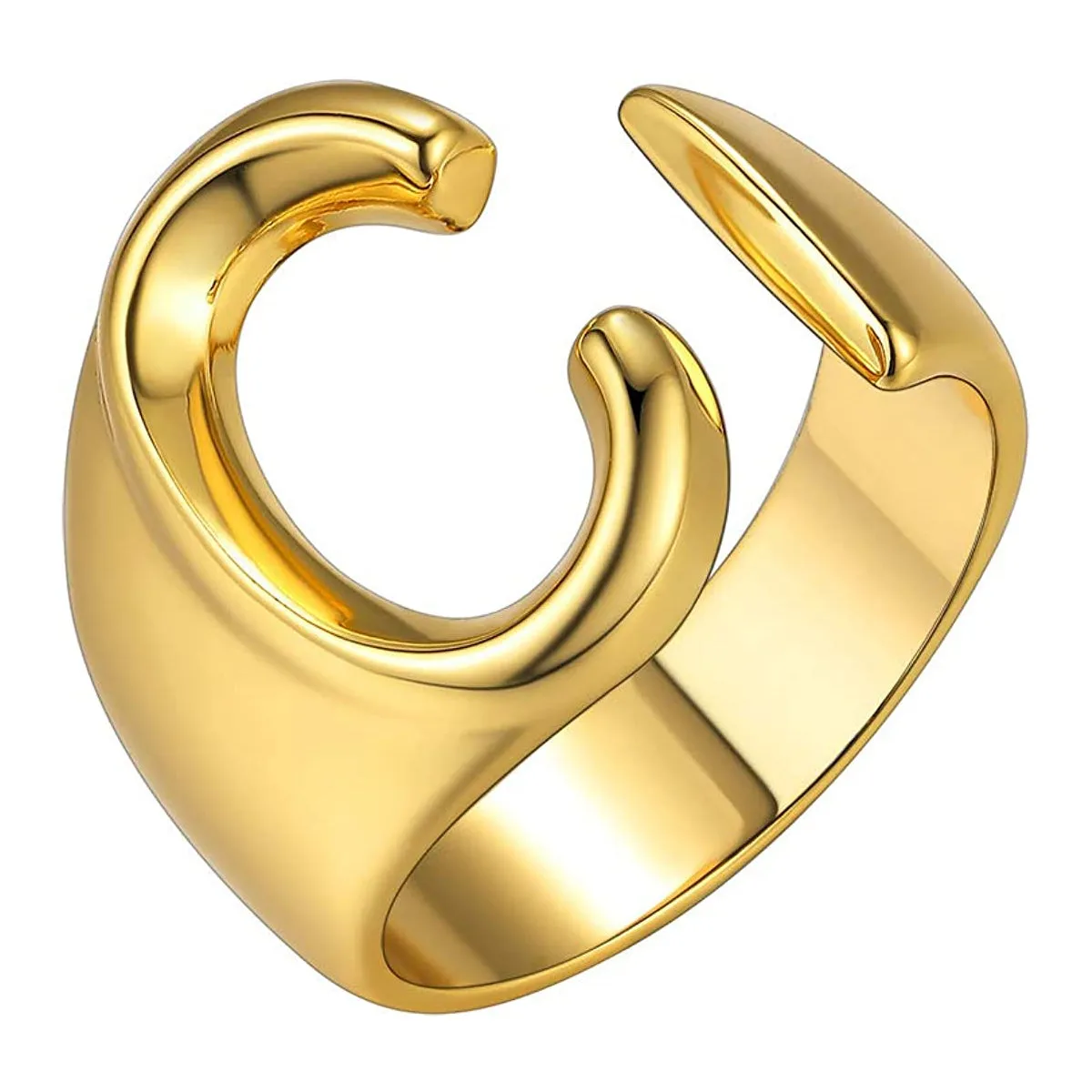 A Initial Letter Alphabet Name Hollow Chunky 18K Gold Adjustable Free Size Ring for Women