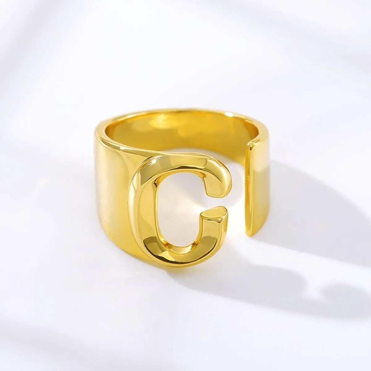 A Initial Letter Alphabet Name Hollow Chunky 18K Gold Adjustable Free Size Ring for Women