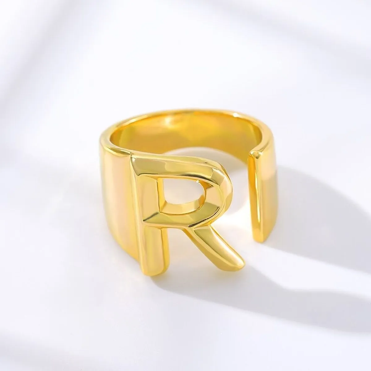 A Initial Letter Alphabet Name Hollow Chunky 18K Gold Adjustable Free Size Ring for Women