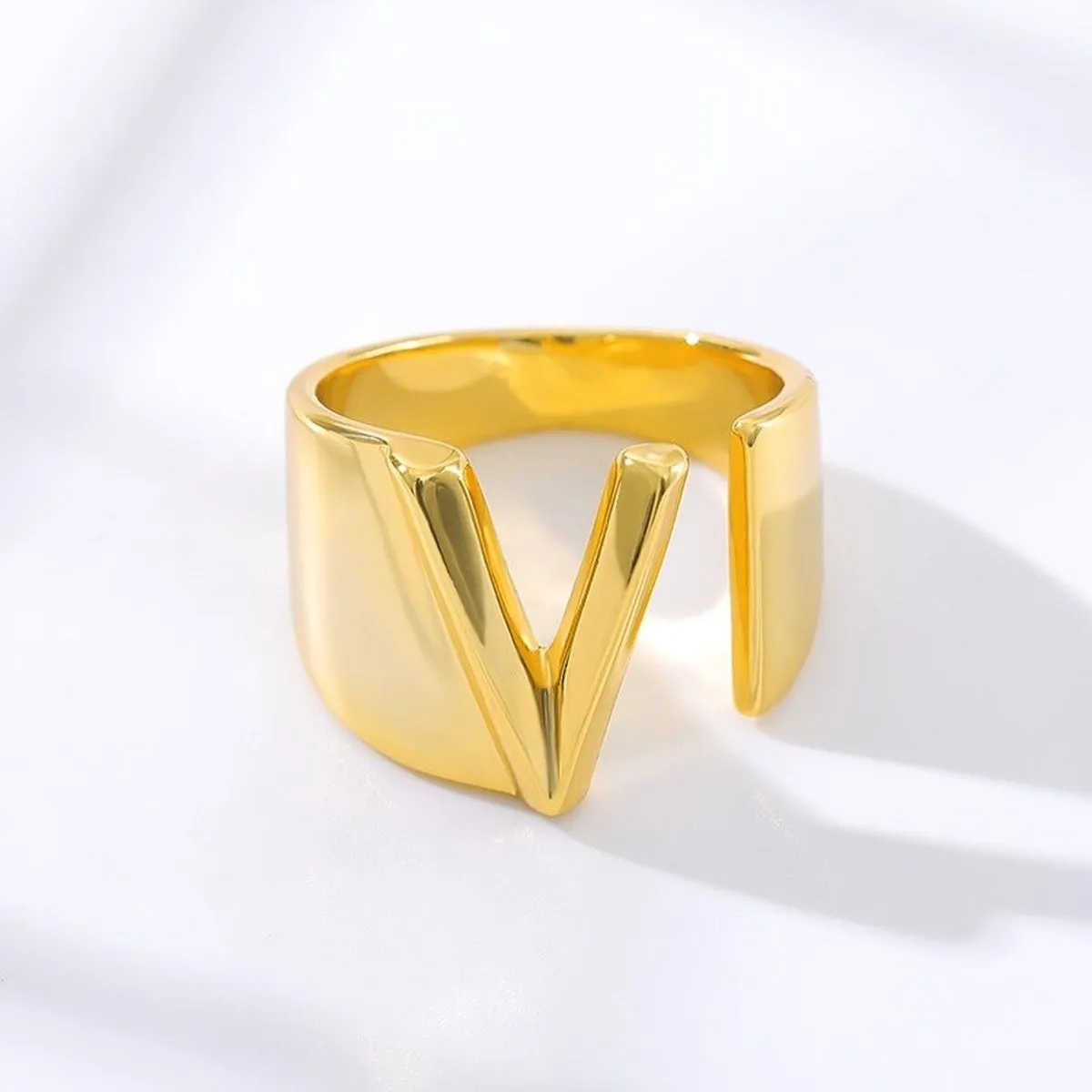 A Initial Letter Alphabet Name Hollow Chunky 18K Gold Adjustable Free Size Ring for Women