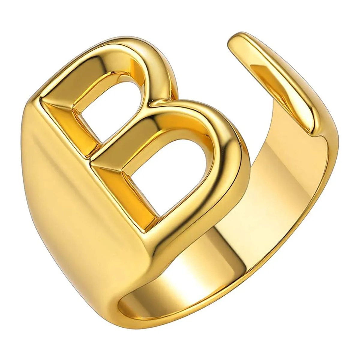 A Initial Letter Alphabet Name Hollow Chunky 18K Gold Adjustable Free Size Ring for Women