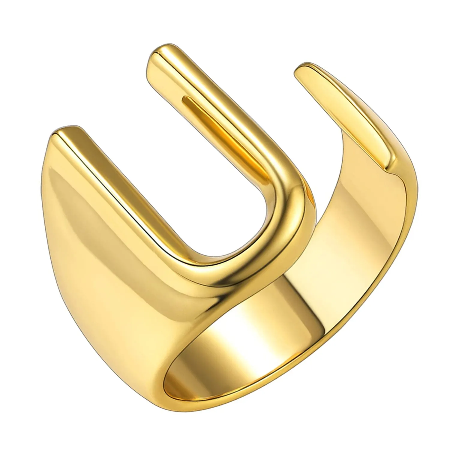 A Initial Letter Alphabet Name Hollow Chunky 18K Gold Adjustable Free Size Ring for Women