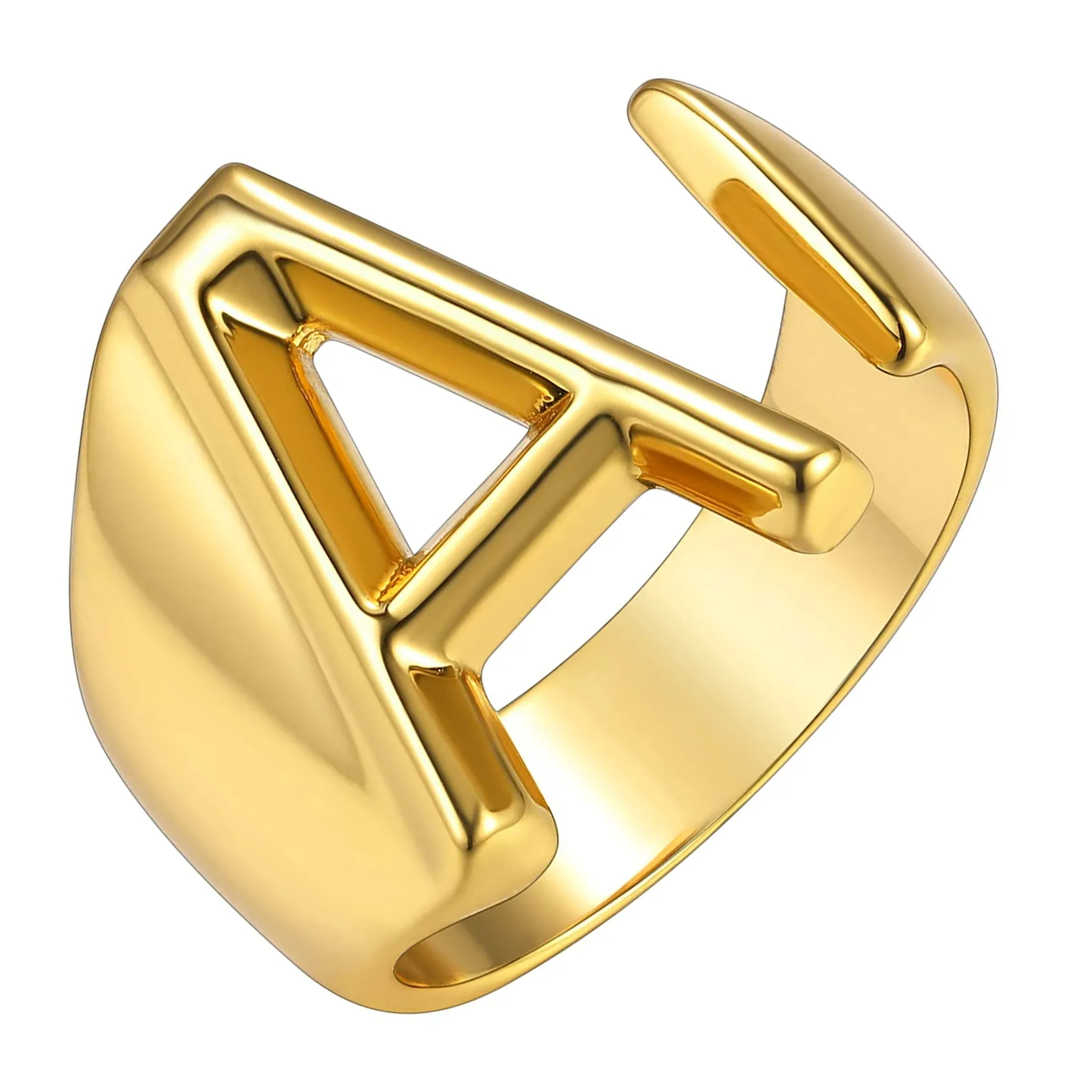 A Initial Letter Alphabet Name Hollow Chunky 18K Gold Adjustable Free Size Ring for Women