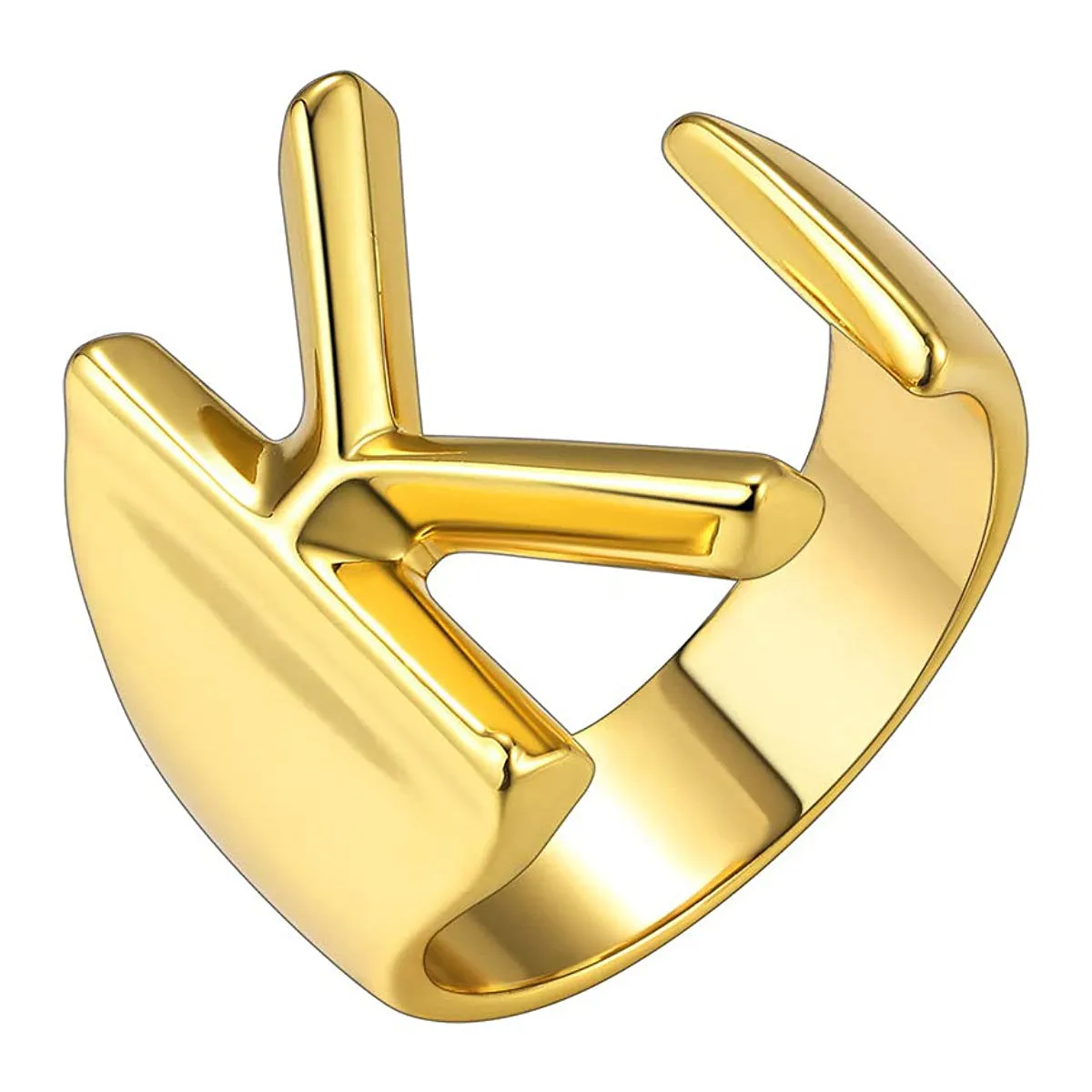 A Initial Letter Alphabet Name Hollow Chunky 18K Gold Adjustable Free Size Ring for Women