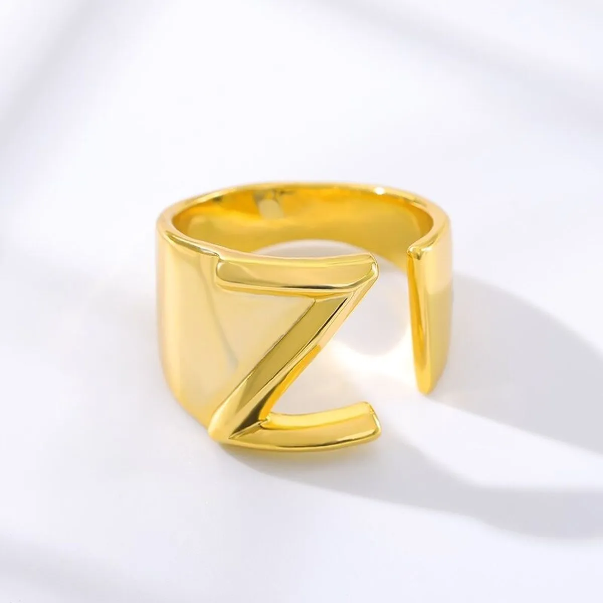 A Initial Letter Alphabet Name Hollow Chunky 18K Gold Adjustable Free Size Ring for Women