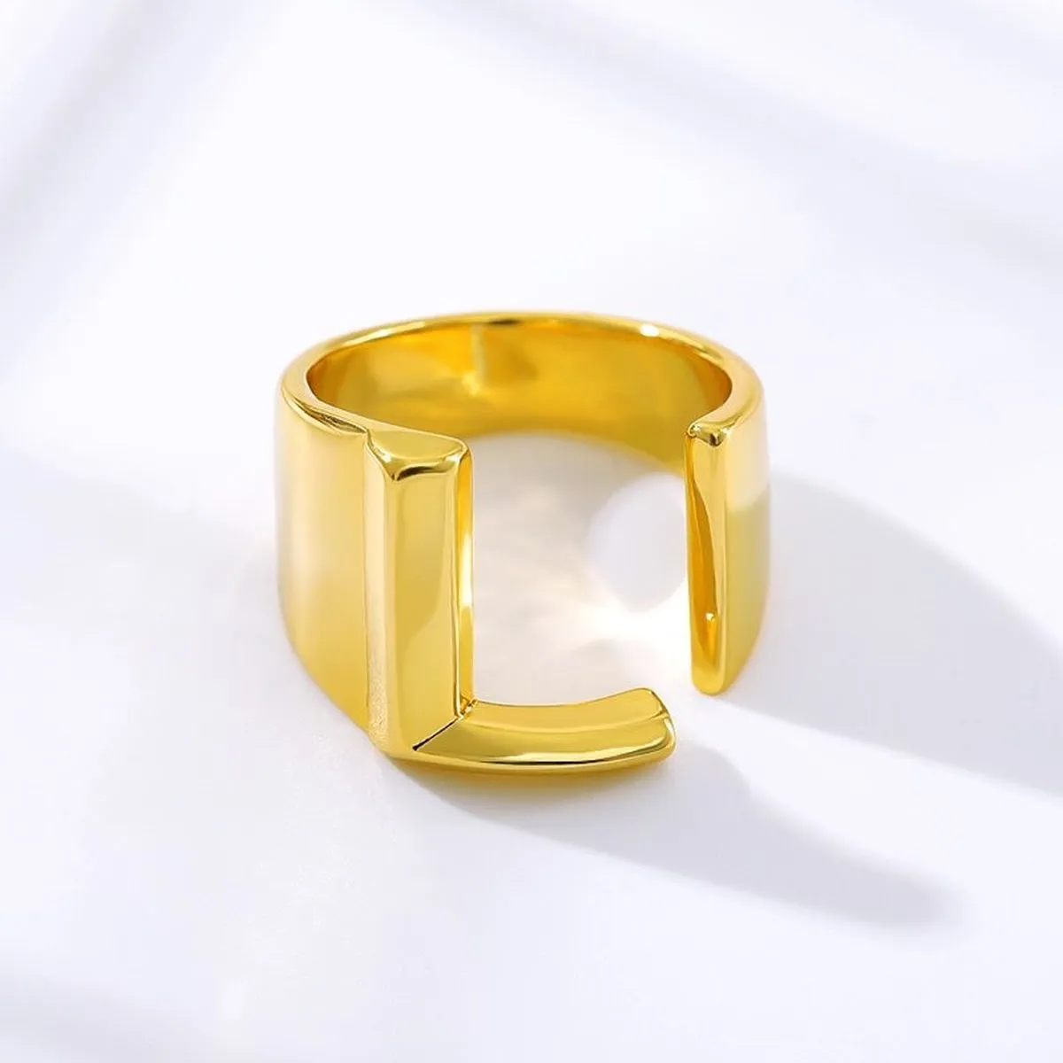 A Initial Letter Alphabet Name Hollow Chunky 18K Gold Adjustable Free Size Ring for Women