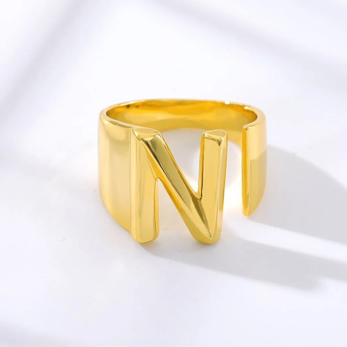 A Initial Letter Alphabet Name Hollow Chunky 18K Gold Adjustable Free Size Ring for Women