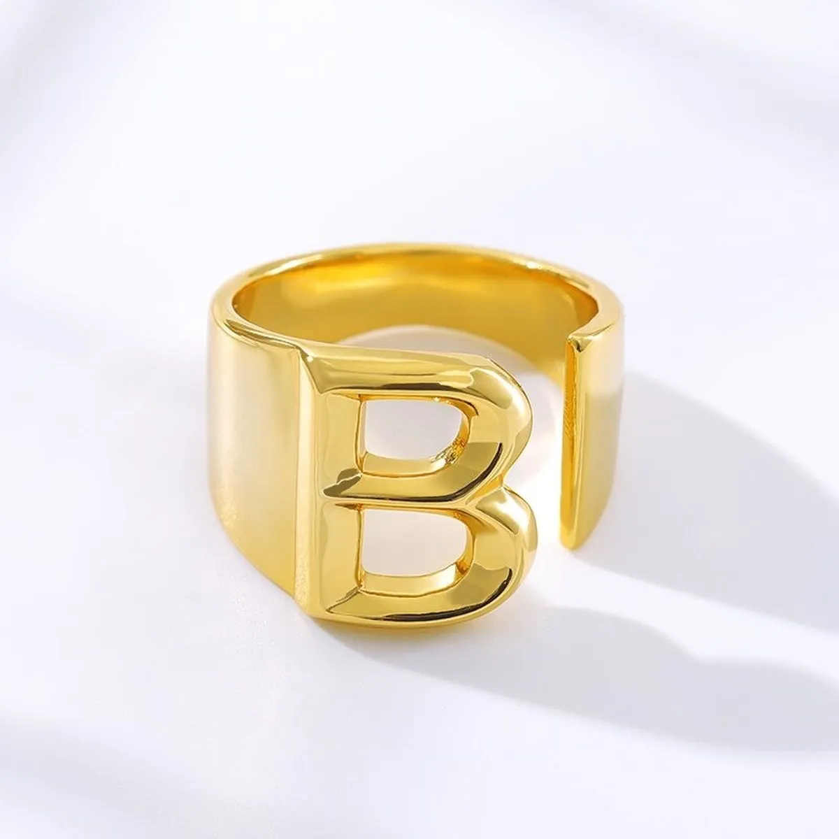 A Initial Letter Alphabet Name Hollow Chunky 18K Gold Adjustable Free Size Ring for Women