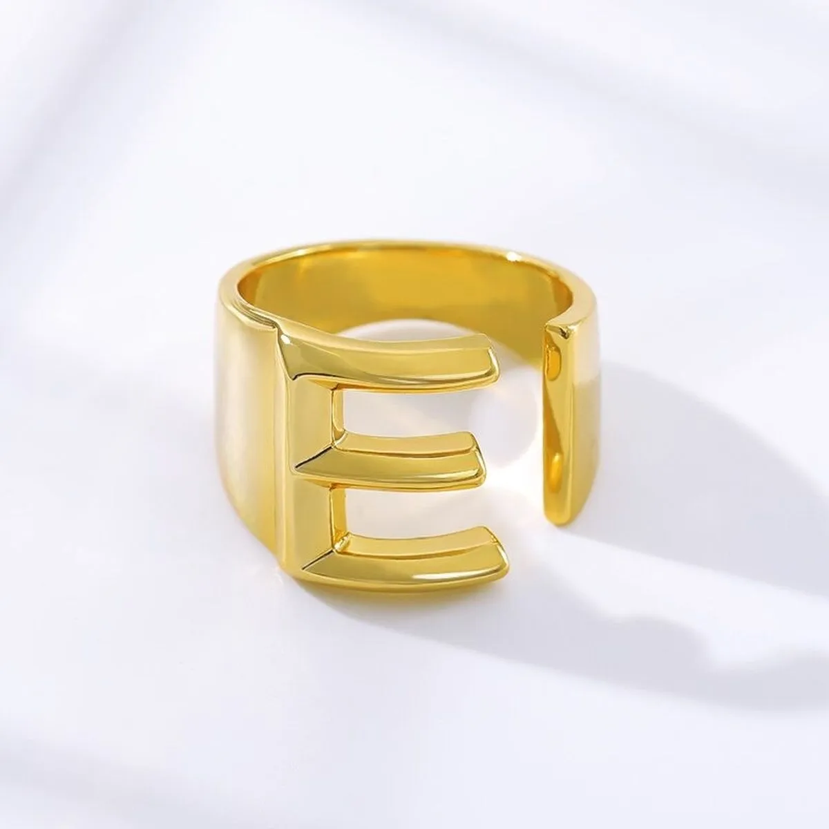 A Initial Letter Alphabet Name Hollow Chunky 18K Gold Adjustable Free Size Ring for Women