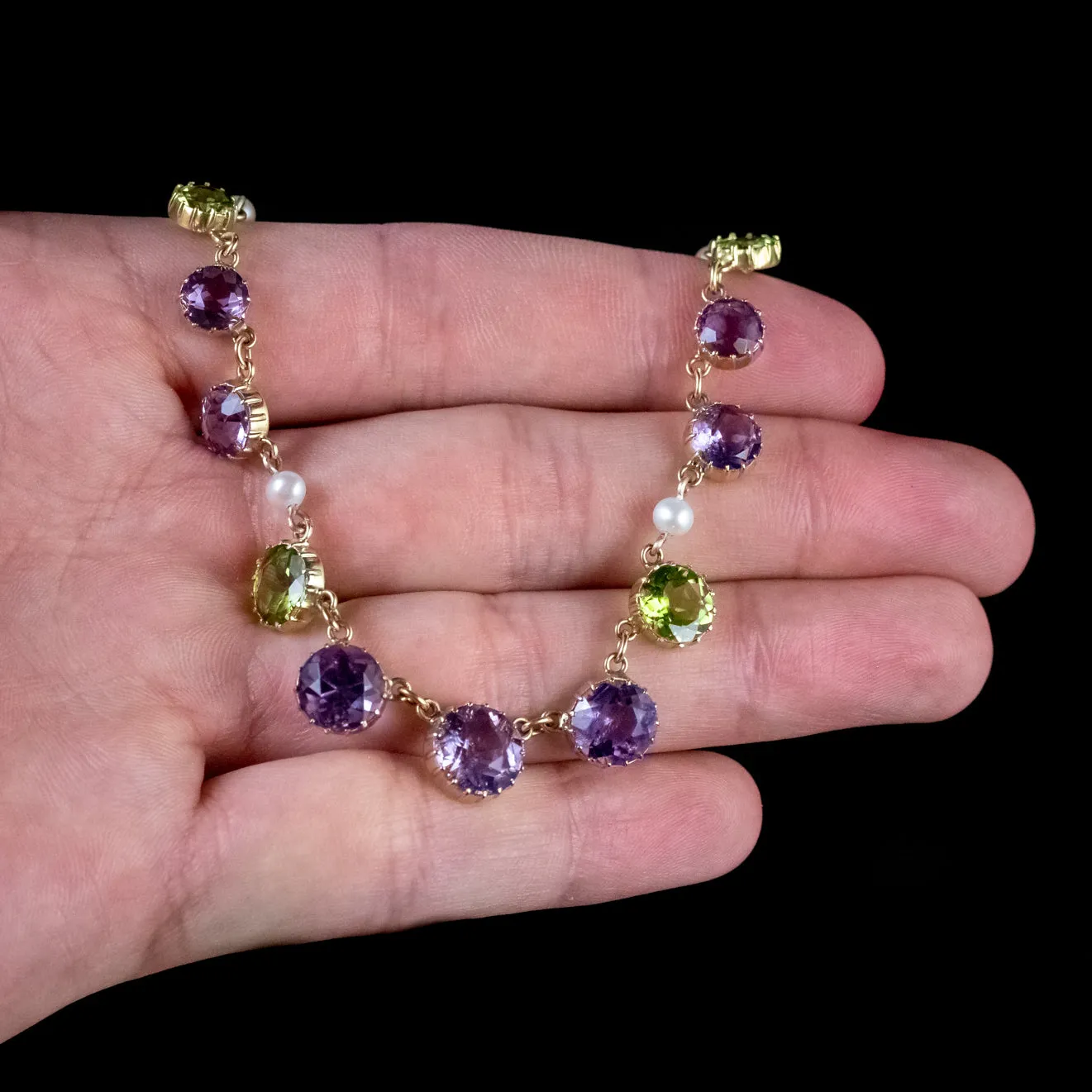 Antique Edwardian Suffragette Necklace 18Ct Gold Peridot Amethyst Pearl Circa 1910