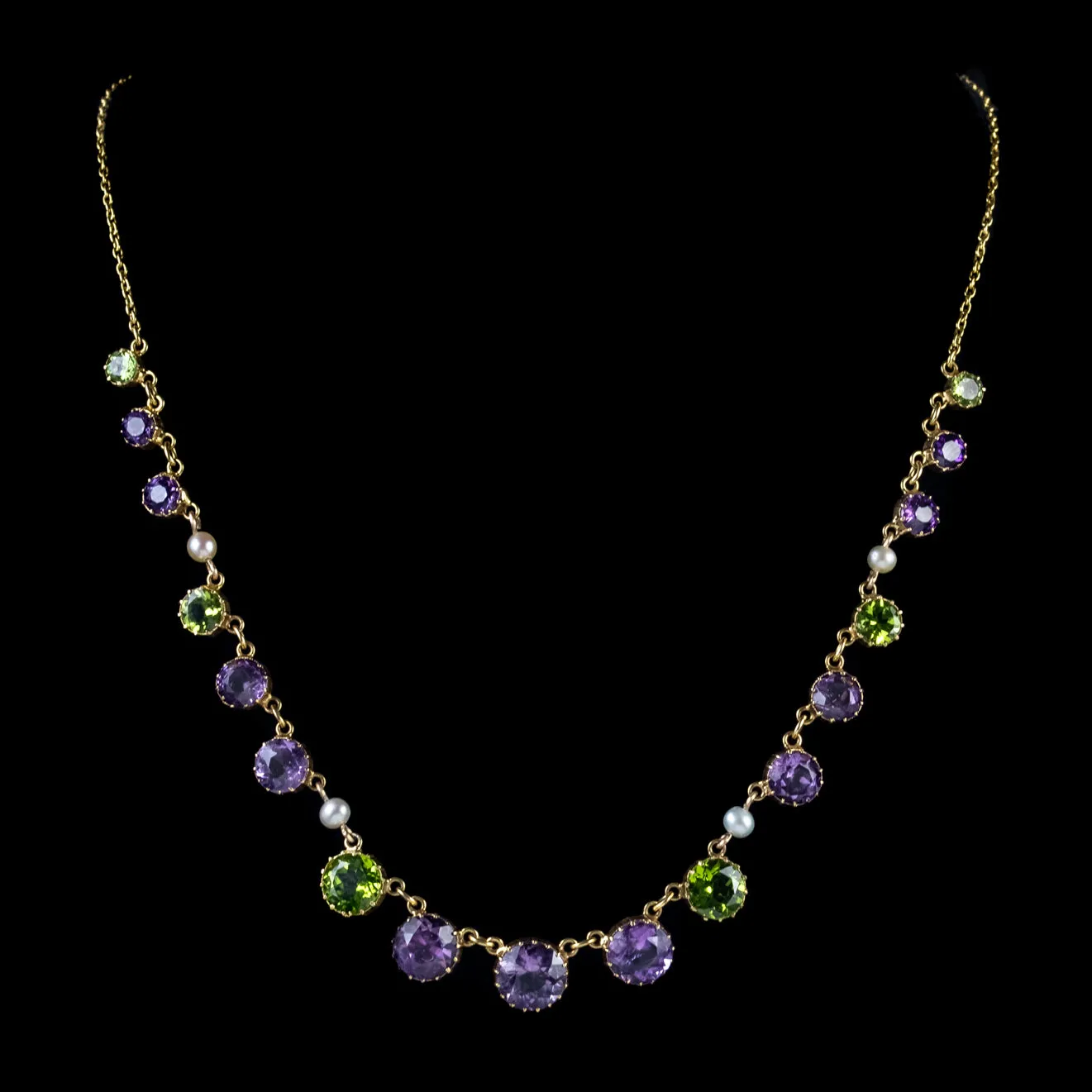 Antique Edwardian Suffragette Necklace 18Ct Gold Peridot Amethyst Pearl Circa 1910