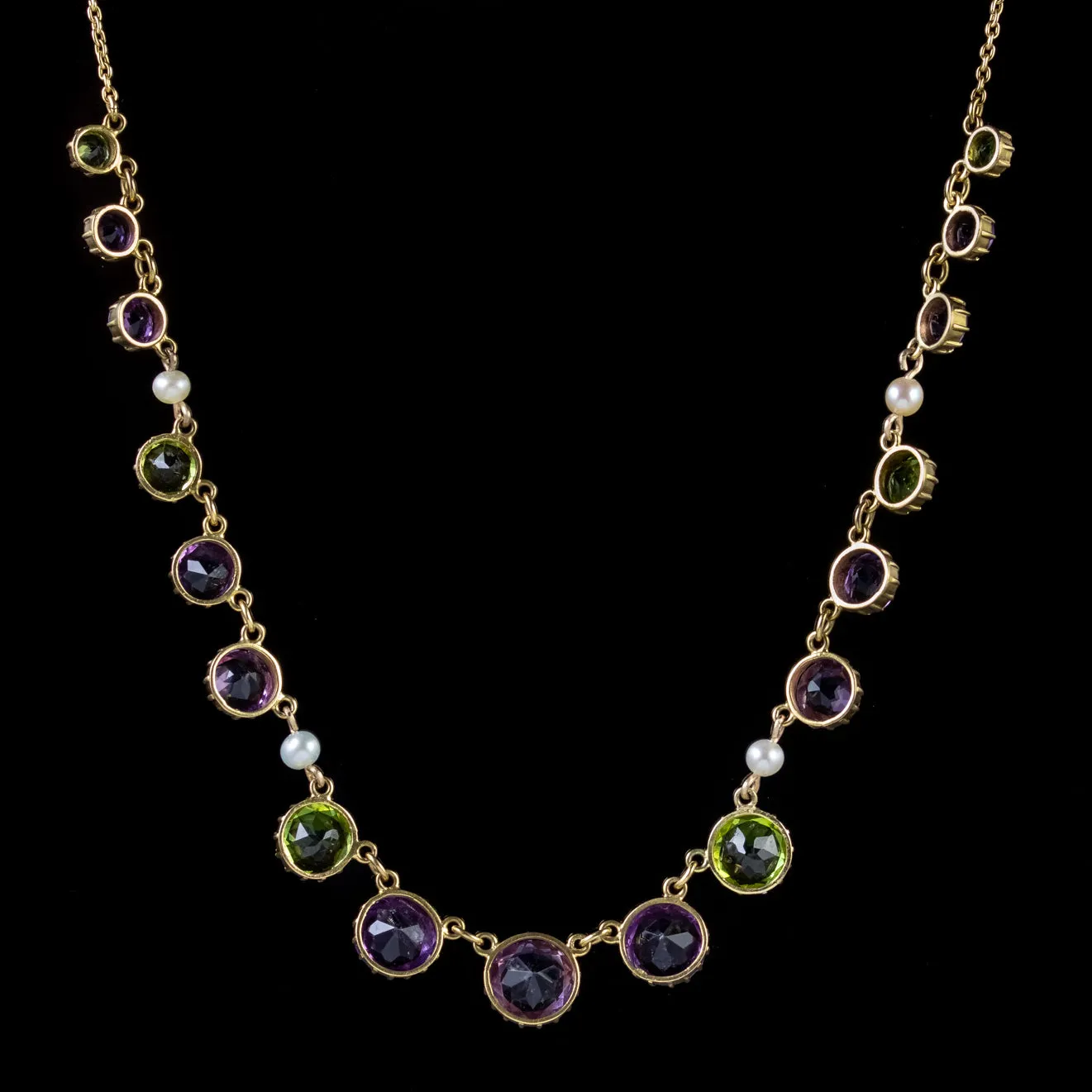 Antique Edwardian Suffragette Necklace 18Ct Gold Peridot Amethyst Pearl Circa 1910