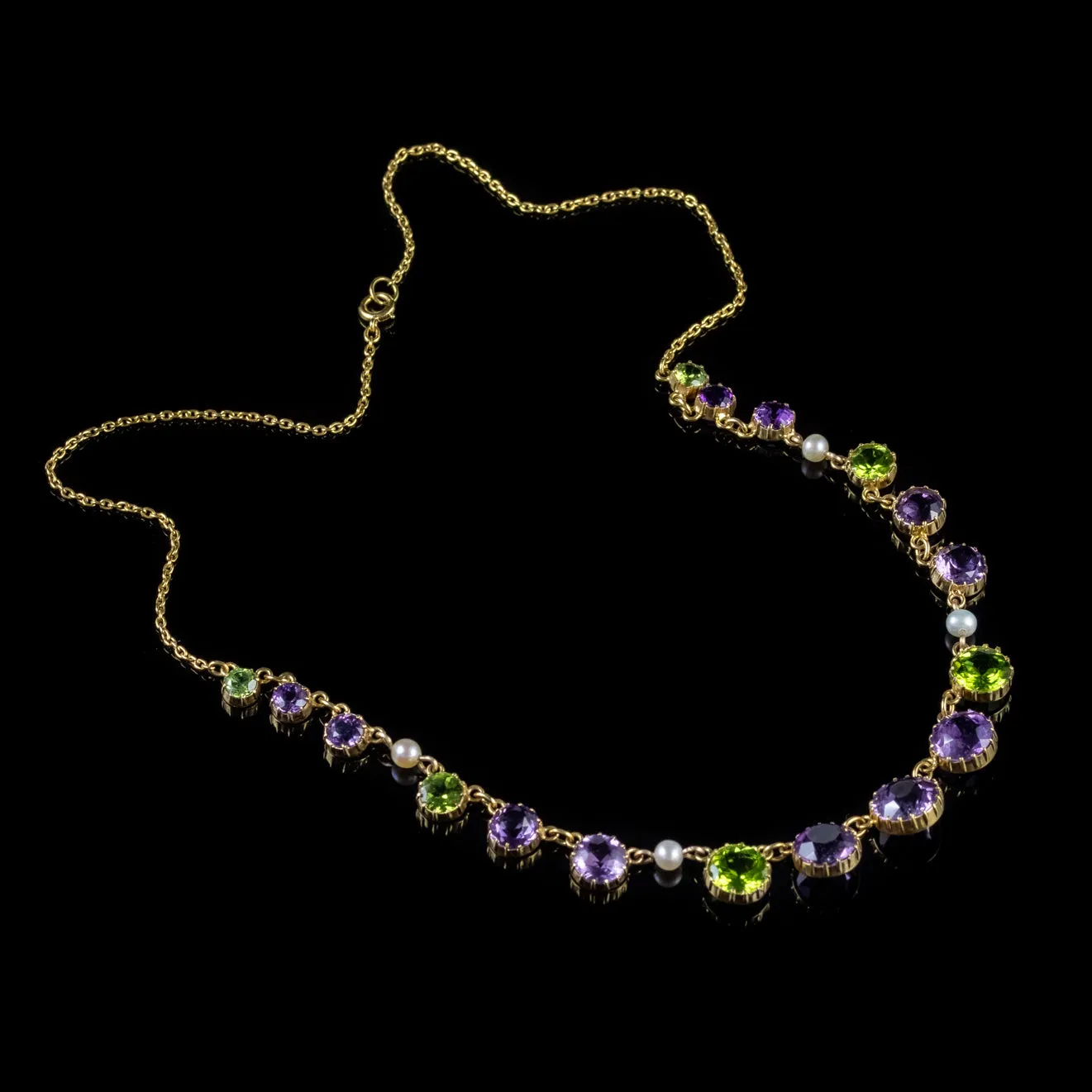 Antique Edwardian Suffragette Necklace 18Ct Gold Peridot Amethyst Pearl Circa 1910