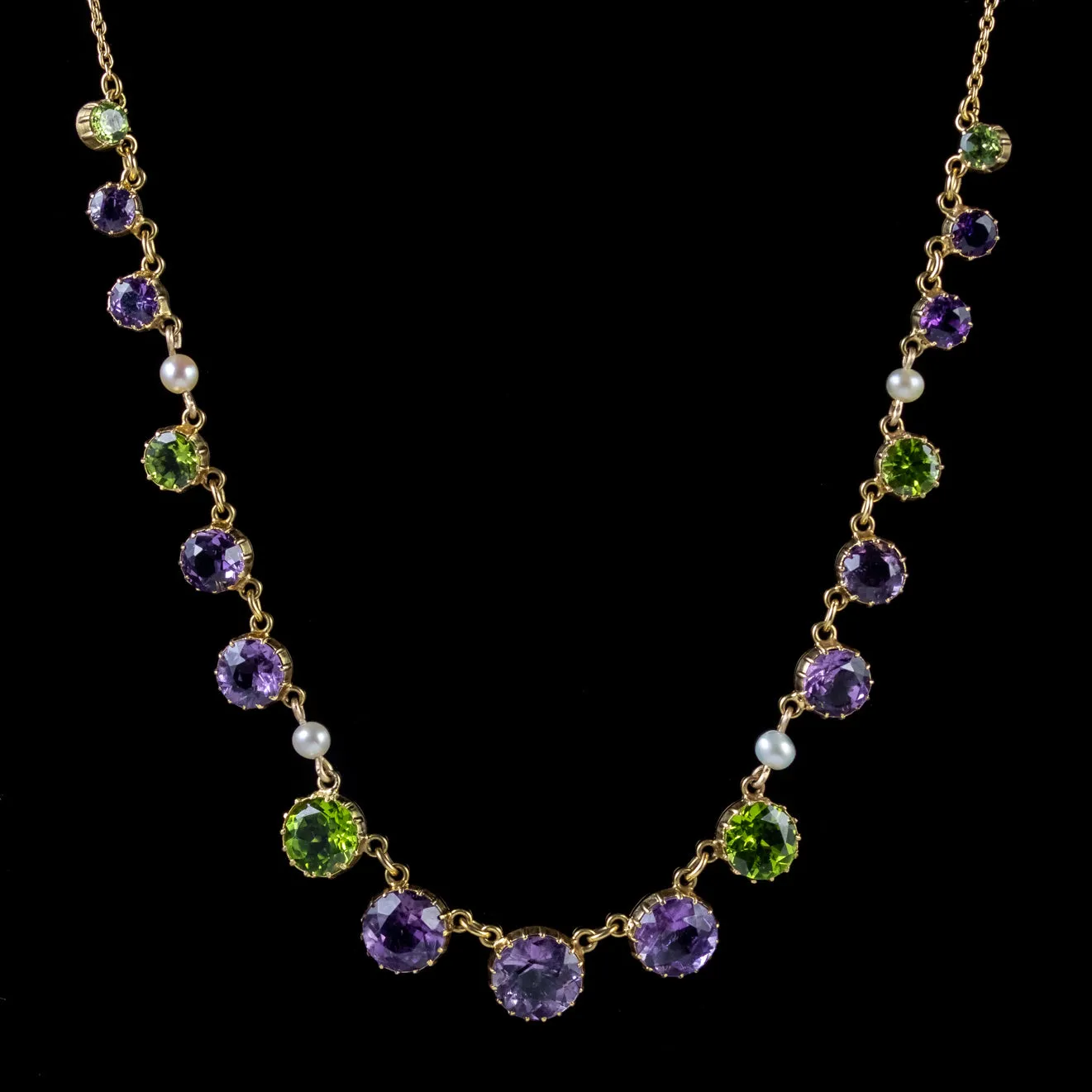 Antique Edwardian Suffragette Necklace 18Ct Gold Peridot Amethyst Pearl Circa 1910